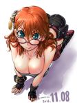  1girl all_fours amania_orz ass big_breasts blue_eyes breast_squeeze breasts character_request cleavage copyright_request dated fingerless_gloves glasses looking_at_viewer orange_hair skindentation smile tagme text twitter_username 