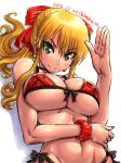  1girl amania_orz big_breasts bikini blonde_hair breasts character_request cleavage copyright_request front-tie_bikini front-tie_top green_eyes long_hair looking_at_viewer ponytail shiny shiny_skin side-tie_bikini side-tie_bottom skindentation smile tagme under_boob 