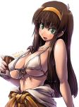  1girl amania_orz big_breasts breasts brown_hair character_request cleavage copyright_request dated front-tie_bikini front-tie_top green_eyes long_hair looking_at_viewer open_mouth shiny shiny_skin tagme text twitter_username under_boob upper_body white_background 