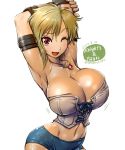  1girl 1girl amania_orz armband armpits arms_up big_breasts blonde_hair breasts bursting_breasts cleavage corset dated helvi_oberg hips huge_breasts jewelry knight&#039;s_and_magic looking_at_viewer necklace one_eye_closed open_mouth raised_eyebrow shiny shiny_clothes shiny_skin short_hair short_shorts shorts simple_background skindentation smile thighs twitter_username white_background 