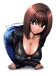  1girl all_fours amania_orz ass big_breasts blue_eyes blush breasts brown_hair character_request cleavage cleavage_cutout copyright_request looking_at_viewer shiny shiny_clothes shiny_skin smile tagme white_background 