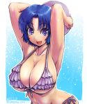  1girl :d amania_orz armpits arms_up ball beachball big_breasts bikini blue_hair breasts cleavage collarbone dated frilled_bikini frills front-tie_bikini front-tie_top holding holding_ball kusuha_mizuha looking_at_viewer open_mouth purple_bikini purple_eyes shiny shiny_hair short_hair side-tie_bikini skindentation smile super_robot_wars super_robot_wars_original_generation swimsuit twitter_username upper_body 