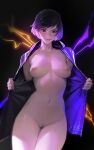 1girl abs asian_female athletic_female bandai_namco big_ass big_breasts black_and_purple_hair dialogue female_only femdom fit high_res hoodie hoodie_only jacket jacket_only jacket_open light-skinned_female light_skin lightning limart looking_at_viewer naked_jacket namco namco_bandai navel open_clothes pov presenting_breasts pussy quote reina reina_(tekken) reina_mishima smile smiling_at_viewer sporty tekken tekken_8 text thick_thighs tomboy undressing