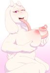  1girl 2017 3_fingers anthro big_breasts boss_monster breast_lick breasts caprine digital_media_(artwork) drooling furry goat half-closed_eyes high_res horn huge_breasts licking long_tongue looking_at_viewer mammal naughty_face nipples nude open_mouth otto0ttsy pinup pose prehensile_tongue saliva sitting tongue tongue_out tongue_wrap toriel undertale video_games 