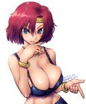  1girl after_war_gundam_x amania_orz bare_shoulders big_breasts blue_eyes bracelet breasts cleavage collarbone dated ennil_el fingernails grin gundam headband jewelry lips looking_at_viewer navel necklace red_hair shiny shiny_hair shiny_skin short_hair simple_background smile strap_gap twitter_username white_background 
