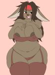  1girl 1girl anthro areola_slip big_breasts blush bra breasts clothing cuddlesong furry hair hare high_res huge_breasts lagomorph legwear lingerie mammal open_mouth pudding_(plaga) simple_background smile stockings stockings thick_thighs underwear voluptuous wide_hips 