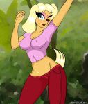  1girl 2017 belly black_nose blonde blouse blue_eyes brandy_and_mr._whiskers brandy_harrington breasts canine clothed dated disney dog erect_nipples eyeshadow fur furry jeans long_ears looking_at_viewer makeup navel nipples oil ritsuka_trent simple_background tan_fur wink 