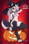  1girl breasts dialogue furry halloween helluva_boss loona_(helluva_boss) night nipples pumpkin text witch_hat 