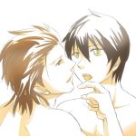  2boys alvin_(tales) bara bare_arms bare_shoulders black_hair brown_hair couple human jude_mathis kayu_(ichigogayu) looking_at_another male_only multiple_boys nude open_mouth pointing_at_self tales_of_(series) tales_of_xillia yaoi yellow_eyes 