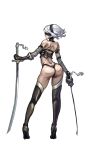  1girl ass bare_shoulders blindfold cutesexyrobutts high_heels nier:_automata nier_(series) shiny shiny_clothes simple_background skindentation standing stockings swords thong white_background white_hair yorha_no._2_type_b 