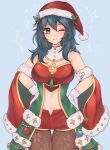 1girl ;) alluring bare_shoulders blue_background blue_eyes blush brown_pantyhose byleth_(fire_emblem) byleth_(fire_emblem)_(female) christmas christmas_outfit cowboy_shot detached_sleeves female_only fire_emblem fire_emblem:_three_houses fire_emblem_heroes gloves hands_on_own_hips hat high_res long_hair looking_at_viewer midriff mistletoe navel nintendo official_alternate_costume one_eye_closed pantyhose purrlucii red_headwear red_shirt red_shorts santa_hat shirt short_shorts shorts simple_background smile solo_female standing stomach strapless strapless_shirt teal_hair thighs white_gloves