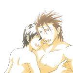  2boys alvin_(tales) bara bare_arms bare_shoulders black_hair brown_hair couple holding_close hugging human jude_mathis kayu_(ichigogayu) leaning_back leaning_forward looking_at_another male_only multiple_boys muscle nipples nude open_mouth smile tales_of_(series) tales_of_xillia wink yaoi yellow_eyes 