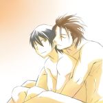  2boys alvin_(tales) bara bare_arms bare_legs bare_shoulders black_hair brown_hair closed_eyes couple holding_close hugged_from_behind hugging human jude_mathis kayu_(ichigogayu) leaning_back leaning_forward male_only multiple_boys muscle nipples nude side_view sitting smile tales_of_(series) tales_of_xillia yaoi yellow_eyes 