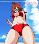  1girl android_21 big_breasts bikini blue_eyes breasts brown_hair cameltoe cleavage dicasty dicasty1 dragon_ball dragon_ball_fighterz dragon_ball_super dragon_ball_z female female_only solo solo_female swimsuit viewed_from_below 