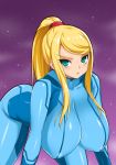  1girl all_fours alternate_breast_size aqua_eyes bangs big_breasts blonde_hair blush bodysuit breasts collarbone covered_nipples curvaceous curvy erect_nipples eyebrows gradient_background hair hanging_breasts high_ponytail huge_breasts impossible_bodysuit impossible_clothes leaning_forward long_hair looking_at_viewer metroid mole mole_under_mouth most_body nipple_bulge onomeshin parted_lips ponytail samus_aran scrunchie sidelocks skin_tight swept_bangs tied_hair turtleneck zero_suit 