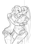  2girls against_wall aigis arm_grab cutesexyrobutts labrys long_hair looking_at_another monochrome neck_grab open_mouth persona persona_3 ponytail robots short_hair sketch standing 