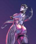  1girl ass back_cutout big_breasts bodysuit breasts cutesexyrobutts from_below gloves head_mounted_display high_res huge_ass long_hair overwatch pink_bodysuit ponytail purple_hair purple_skin sideboob tattoo widowmaker_(overwatch) yellow_eyes 