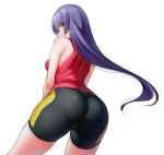  1_girl 1girl alluring ass bare_shoulders big_ass bike_shorts breasts clothed cosplay female female_human female_only hizuki_akira human human_only long_hair looking_at_viewer looking_back natsume_(pokemon) nintendo pokemon pokemon_gsc pokemon_rgby purple_hair red_eyes sabrina sabrina_(pokemon) shirt shorts solo solo_female source_request thick_thighs thigh_gap white_background wide_hips 
