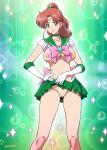  1girl bishoujo_senshi_sailor_moon breasts choker earrings elbow_gloves exposed_pussy female female_only gloves green_eyes green_skirt hairless_pussy kino_makoto looking_at_viewer makoto_kino no_bra no_panties partially_clothed ponytail pussy sailor_jupiter sailor_moon skirt skirt_lift skirt_lifted_by_self solo standing tiara 