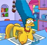  1girl ass bent_over big_ass blue_hair breasts chair dress exposed_breasts eyebrows eyelashes female female_only huge_breasts human jewelry kitchen kogeikun marge_simpson microwave milf mother necklace nipples panties partially_clothed sink table teeth television the_simpsons thong tv underwear whoa_look_at_those_magumbos yellow_skin 