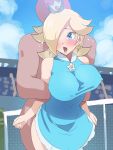  1girl anonymous bare_legs bent_over big_breasts blonde_hair blue_eyes blush boris_(noborhys) bouncing_breasts breasts clothed_female_nude_male clothed_sex cloud crown dress earrings erect_nipples female from_behind gif hair_over_one_eye human long_hair male male/female mario_tennis nintendo open_mouth outdoor outdoor_sex outside princess_rosalina rosalina royalty sex sky standing standing_sex star_earrings straight super_mario_bros. 