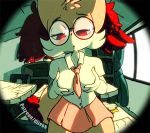  1girl 1girl 2017 anthro blush braixen breast_grab breasts canine clothed clothing digital_media_(artwork) diives eyebrows eyelashes eyewear furry gif glasses grope hand_on_breast looking_at_viewer low_res mammal nintendo pok&eacute;mon red_eyes school skirt sweat video_games 