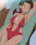  1girl :d ahoge arm_at_side arm_behind_head arm_up armpits bangs big_breasts blush breasts breasts_apart brown_hair cameltoe casual_one-piece_swimsuit center_opening chair closed_eyes cowboy_shot day delia_ketchum dutch_angle erect_nipples error female female_only flipped_hair from_above groin hair_ornament hair_scrunchie halterneck hanako_(pokemon) hips large_breasts leaning_back legs_together long_hair lounge_chair low_ponytail lying makino_tomoyasu mature milf navel navel_cutout on_back one-piece_swimsuit open_mouth outdoors parted_lips pokemon pokemon_(anime) pokemon_sm_(anime) ponytail red_swimsuit scrunchie shade side_cutout sideboob sleeping smile solo sweat swimsuit table thighs tile_floor tiles towel wet 