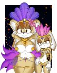 1girl anthro big_breasts brazil breasts clothing cream_the_rabbit curvy_figure duo feathers female/female furry gloves handwear high_res hourglass_figure huge_breasts jewelry mobian_monster pasties samba samba_outfit sega small_breasts sonic_the_hedgehog_(comics) sonic_the_hedgehog_(series) vanilla_the_rabbit