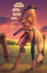  1girl 2017 animal_genitalia animal_penis anthro anthrofied applejack ass bakuhaku bandolier blonde_hair blood breasts cloud cowboy_hat dialogue earth_pony english_text equine equine_penis friendship_is_magic furry futanari grass green_eyes gun hair hat high_res holding_object holding_weapon horse long_hair looking_at_viewer mammal medial_ring muscular my_little_pony outside penis pony ranged_weapon sky smoke sunset testicles text weapon 
