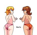  2_girls 2girls ass ass_shake ass_to_ass blonde_hair brown_hair butt_bump female female_only gif looking_at_each_other mostly_nude panties princess_daisy princess_peach super_mario_bros. thetz topless transparent_background 