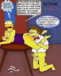 breasts_out_of_clothes cosmic_(artist) dialogue eating_pussy english_text huge_nipples marge_simpson moe_szyslak on_table the_simpsons yellow_skin 