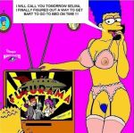 areolae artist_name bart_simpson blue_hair blue_pubic_hair breasts copyright_name cosmic_(artist) dagger_(artist) large_breasts marge_simpson nipples phone pubic_hair see-through television the_simpsons yellow_skin 