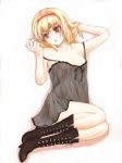  1girl adjusting_hair alice_margatroid arm armpits bare_shoulders blonde_hair blush boots breasts camisole chemise female hair_lift hairband kuku legs lingerie nipples no_bra no_panties open_mouth red_eyes see-through short_hair sitting small_breasts solo strap_slip touhou underwear 