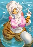  1girl 1girl anthro belly big_breasts bottomless breasts buxbi_(character) cleavage clothed clothing deep_navel digital_media_(artwork) feline furry hair looking_at_viewer mammal navel nipple_piercing nipples piercing slightly_chubby standing thick_thighs tiger valtik voluptuous water wet wet_clothing white_hair wide_hips yellow_eyes 