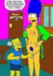  areolae artist_name bart_simpson blue_hair blue_pubic_hair blue_shirt breasts cosmic_(artist) english_text erection erection_under_clothes marge_simpson nipples panty_pull pubic_hair shirt speech_bubble text the_simpsons thought_bubble yellow_skin 