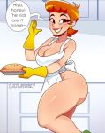  1girl apron breasts caucasian cleavage dexter&#039;s_laboratory dexter&#039;s_mom earrings gloves hips indoors kitchen legs looking_at_viewer milf naked_apron orange_hair pie sexy slut smile speech_bubble text thick_thighs 
