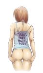  1girl 1girl 1girl ass ass_support back bare_arms bare_ass bare_shoulders bottomless brown_hair clothes_writing english_text from_behind hand_on_own_ass high_resolution kitsunebi-x medium_hair neck posterior_cleavage presenting shirt sleeveless sleeveless_shirt standing text thigh_gap thighs 