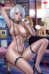 alexander_dinh alluring alternate_costume animal_ears animal_print areola arm_up bell_collar big_breasts bikini blue_eyes breasts choker cleavage collar covered_erect_nipples female_abs garters high_heels high_res indoors insanely_hot lips looking_at_viewer navel navel_piercing nier:_automata nier_(series) one_knee piercing short_hair string_bikini swimsuit tail thick_thighs thigh_strap thighs tiger_ears tiger_girl tiger_print tiger_stripes tiger_tail virtual_youtuber white_hair yorha_no._2_type_b