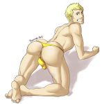 1boy all_fours alternate_version_available anus artist_name ass barnabi blonde_hair brown_eyes bulge grin huge_ass male male_focus male_only muscle muscular muscular_male penis persona persona_5 ryuji_sakamoto simple_background solo_male teeth testicles thong topless topless_male white_background