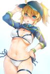 1girl artoria_pendragon ass_visible_through_thighs baseball_cap bikini blonde_hair blue_eyes breasts cleavage cropped_jacket fate/grand_order fate_(series) hair_through_headwear hand_on_hip hat large_breasts looking_at_viewer mysterious_heroine_x navel open_mouth ponytail shrug_(clothing) side-tie_bikini simple_background swimsuit teeth thigh_gap thighlet upper_teeth white_background white_bikini 