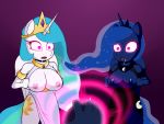  1girl 2016 anthro areola big_breasts blue_fur breast_size_difference breasts clothed clothing crown cutie_mark disembodied_hand dr._chaos dress drooling equine feathered_wings feathers friendship_is_magic fur furry glowing glowing_eyes hair horn horse mammal mind_control multicolored_hair my_little_pony nipples open_mouth partially_clothed pony princess_celestia princess_celestia_(mlp) princess_luna princess_luna_(mlp) saliva simple_background slit_dress standing tiara tongue white_fur winged_unicorn wings 