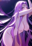  1girl 1girl armpits arms_up bangs big_breasts blush breasts clavicle facial_mark fate/stay_night fate_(series) forehead forehead_mark gradient gradient_background leaning_forward long_hair looking_at_viewer navel nipples nude parted_bangs purple_eyes purple_hair rider sidelocks thighs tofuubear very_long_hair 