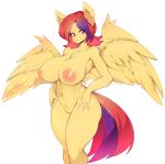 1girl 1girl 2017 absurd_res anthro areola barely_visible_genitalia berry_slice big_breasts big_nipples biped breasts chest_tuft digital_media_(artwork) equine eyelashes fan_character feathered_wings feathers front_view fur furry hair high_res long_hair looking_at_viewer mammal multicolored_hair multicolored_tail my_little_pony nipples nude pegasus pink_eyes pink_hair pink_nipples pink_tail portrait purple_hair purple_tail pussy signature simple_background slugbox smile standing subtle_pussy three-quarter_portrait tuft two_tone_hair two_tone_tail white_background wings yellow_feathers yellow_fur yellow_wings 