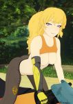  1_girl 1girl ass blonde blonde_hair breasts female female_only looking_at_viewer motor_vehicle motorcycle necromalock nipples outdoor outside partially_clothed pinup prosthesis prosthetic_arm purple_eyes robotic_arm rwby solo vehicle yang_xiao_long yellow_hair 