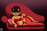  1girl 1girl 2017 anthro black_hair bottomless breasts brown_fur cat claws cleavage clothed clothing dr._chaos fangs feline fur furniture furry green_eyes hair half-closed_eyes lingerie looking_at_viewer mammal milf mrs._katswell nickelodeon parent pillow pussy sofa t.u.f.f._puppy 