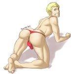 1boy all_fours alternate_version_available anus artist_name ass barnabi blonde_hair brown_eyes bulge grin huge_ass male male_focus male_only muscle muscular muscular_male penis persona persona_5 ryuji_sakamoto simple_background solo solo_male teeth testicles thong topless topless_male white_background