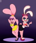 1girl 2017 anthro ass_to_ass buckteeth cartoon_network chowder_(series) clothed clothing cub dr._chaos duo eyeshadow fangs footwear fur furry green_eyes half-opened_eyes high_heels high_res kaeloo_(series) lagomorph looking_at_viewer makeup mammal open_mouth panini panini_(chowder) pink_fur pretty_(kaeloo) rabbit red_eyes shoes simple_background skimpy teeth young