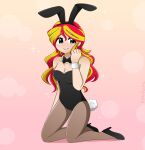 1girl bare_shoulders black_high_heels black_leotard bunny_ears bunny_girl bunny_tail bunnysuit equestria_girls female female_only friendship_is_magic high_heels humanized kneel leotard long_hair looking_at_viewer my_little_pony on_knees pantyhose partially_clothed solo_female strapless_leotard sunset_shimmer sunset_shimmer_(eg) transparent_background two-tone_hair two_tone_hair