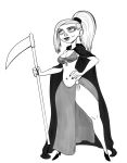  1girl cosplay courtney_babcock earrings face_paint female_only grim_reaper halloween high_heel high_ponytail monochrome paranorman piercing ponytail scythe skeleton solo_female weapon white_background wide_hips 