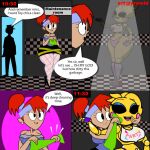  2_girls animatronic breasts cleaning_lady comic dexter&#039;s_laboratory dexter&#039;s_mom dialogue fat_ass five_nights_at_freddy&#039;s_2 pyramid_(artist) security_guard touching_body toy_chica toy_chica_(eroticphobia) younger_female yuri 